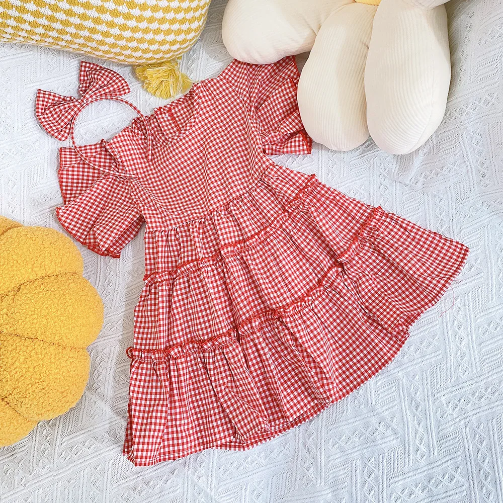 

Baby Girls Clothes Dress with Hairband Short Sleeve Fashion Plaid Dress Cake Dress Clothes Children Summer Clothing