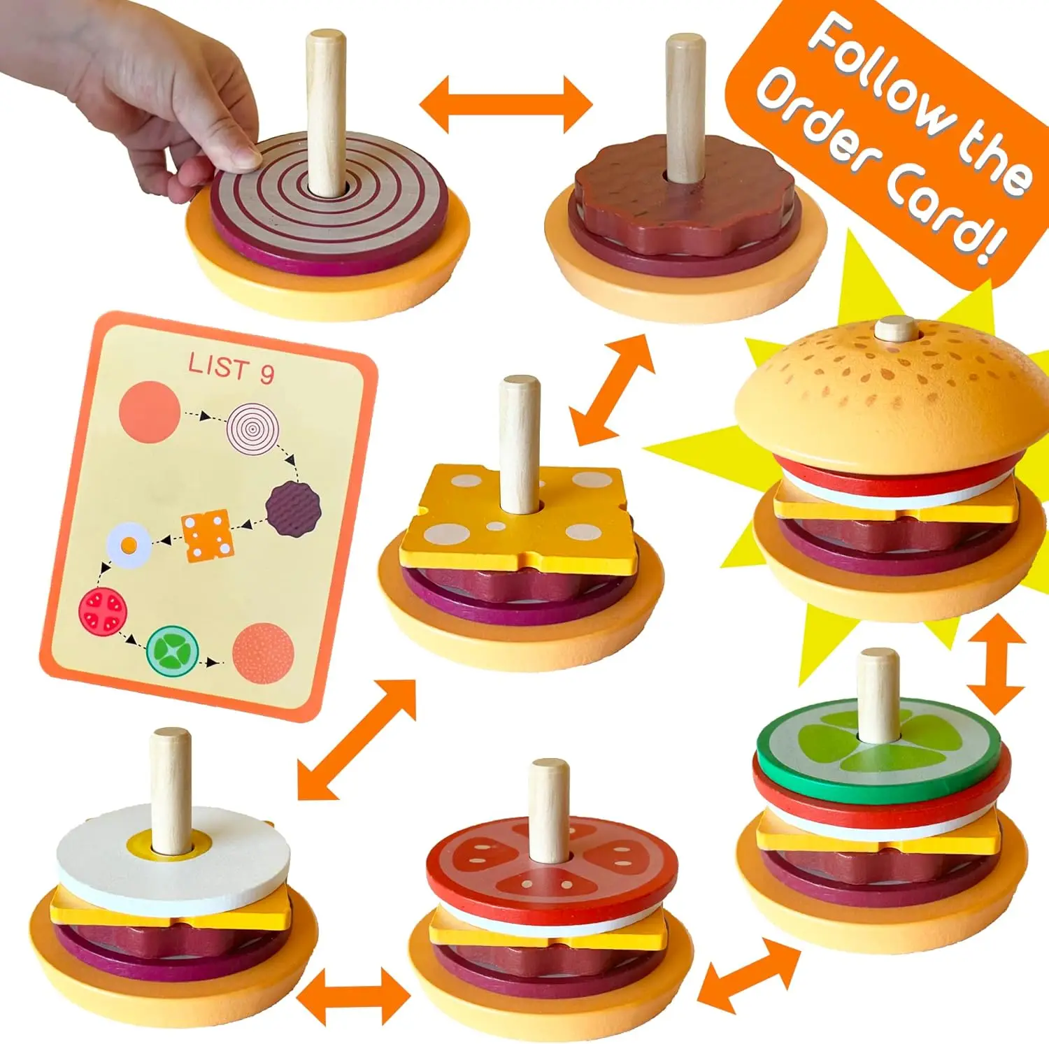 Wooden Burger Sandwich Stacking Toys For Toddler Kids Preschool Learning Educational Toys Pretend Play Food Kitchen Toys Gift 2