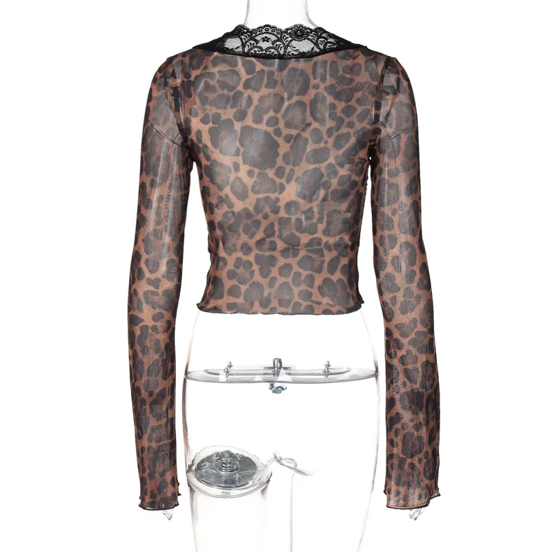 Camiseta sexy de malla transparente para mujer, de verano, con estampado de leopardo, escote en V profundo, ajustada, de manga larga acampanada, para fiesta y club nocturno.