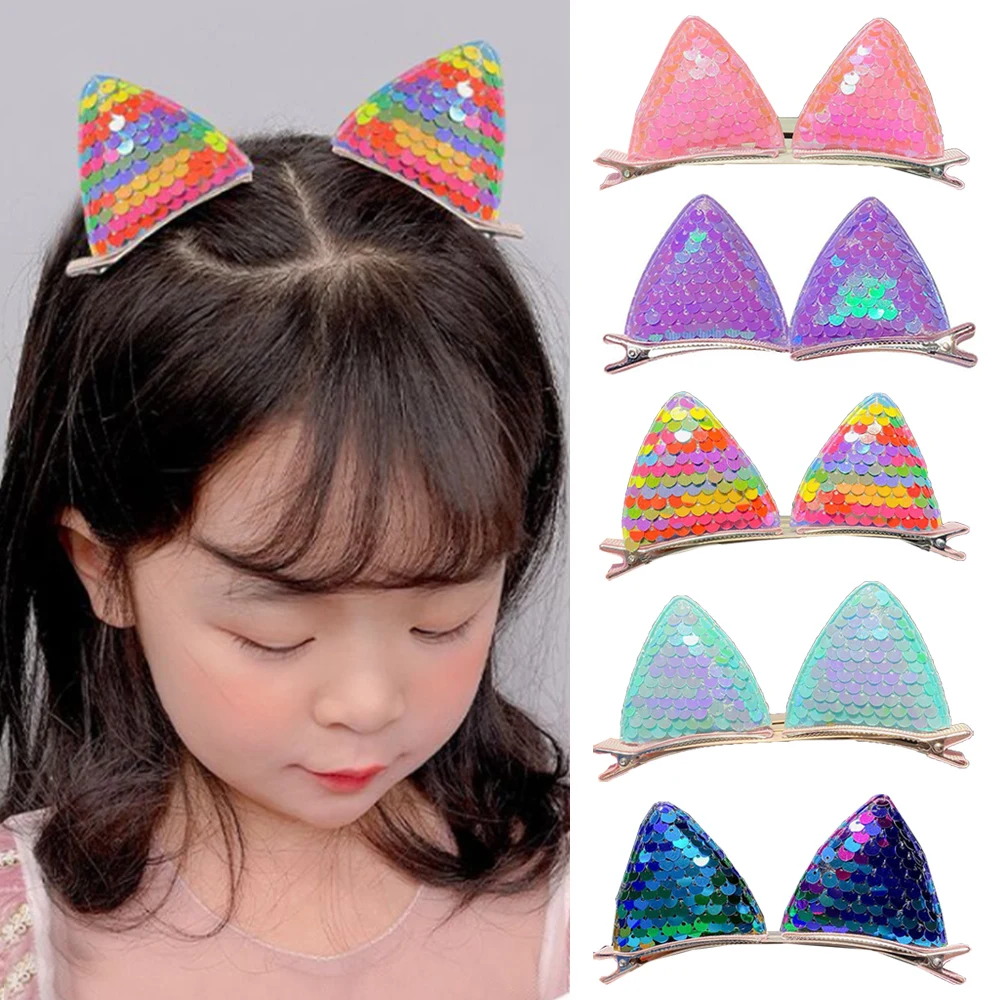 

2Pcs Sequins Cat Ears Kids Hairpins Girls Headwear Bling Bling Side Clip Barrettes Cute Gradient BB Hairgrips Girls Hair Clips