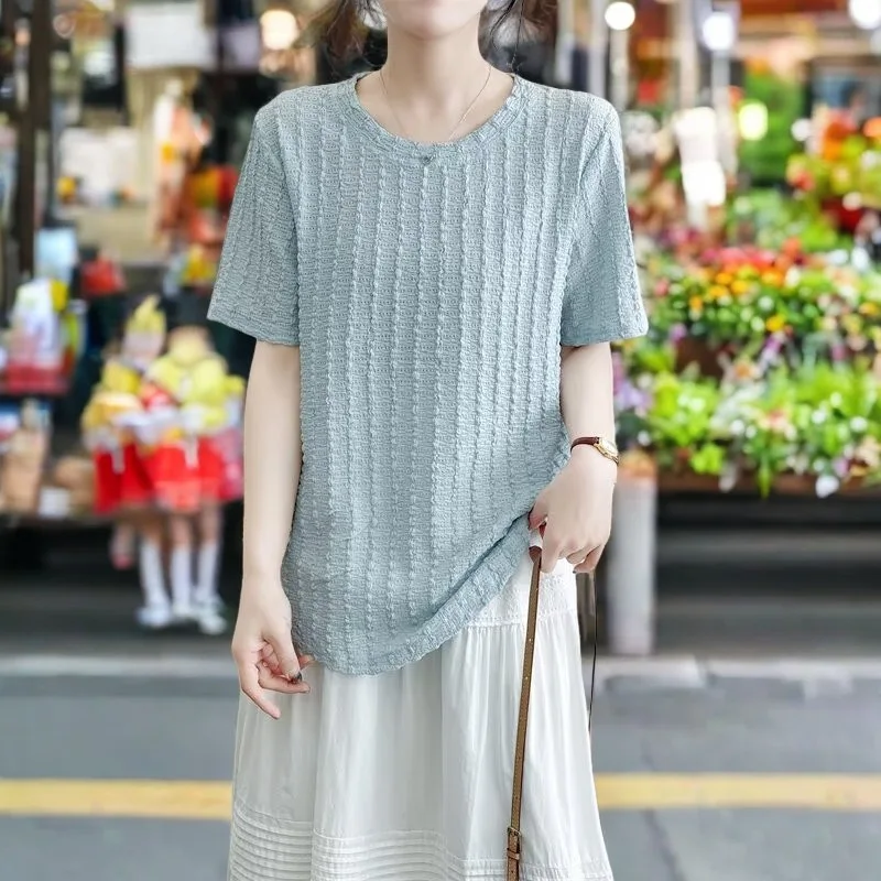 Summer New Top 100kg Texture Round Neck Short Sleeve Tees Plus Size Women's T-shirt 8020
