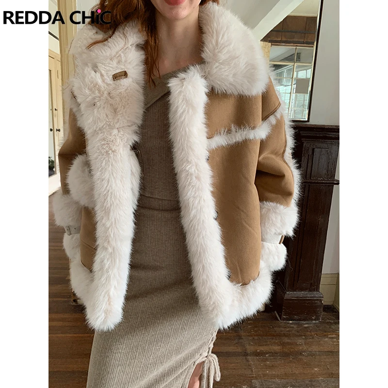 

ReddaChic Fur Trim Lamb's Leather Jacket for Women Thick Warm Winter Coat Patchwork Vintage Brown Plush Sherpa-lined Windbreaker