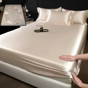 3 pcs High End 100% Mulberry Silk Bed Sheet Set with Pillowcase Luxury Solid Color Silk Fitted Sheet Soft Smooth Satin Bed Linen 1
