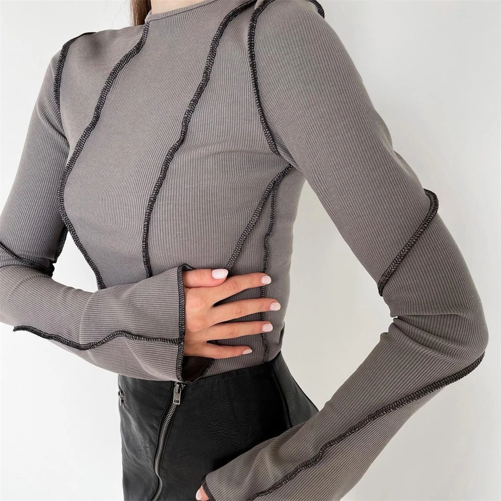 

Fashion Casual Long Sleeve T Shirt Female Streetwear Solid O Neck Skinny Tshirts Spring Autumn Gray Loose Tops Korea Style Top