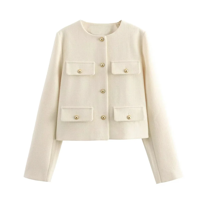 TRAF Tweed Cropped Jacket Woman Long Sleeve Vintage Jacket Woman Fashion Button Elegant Jackets For Women New In Short Coats 5