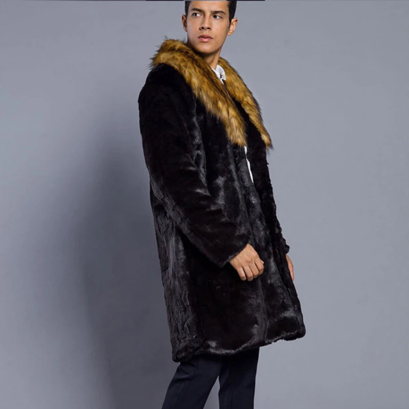 Autumn Winter Men Mid-length Faux Fur Coat Thick Warm Long Sleeve Trench Coat Slim Business Casual Coat Brand Jackets Plus Size