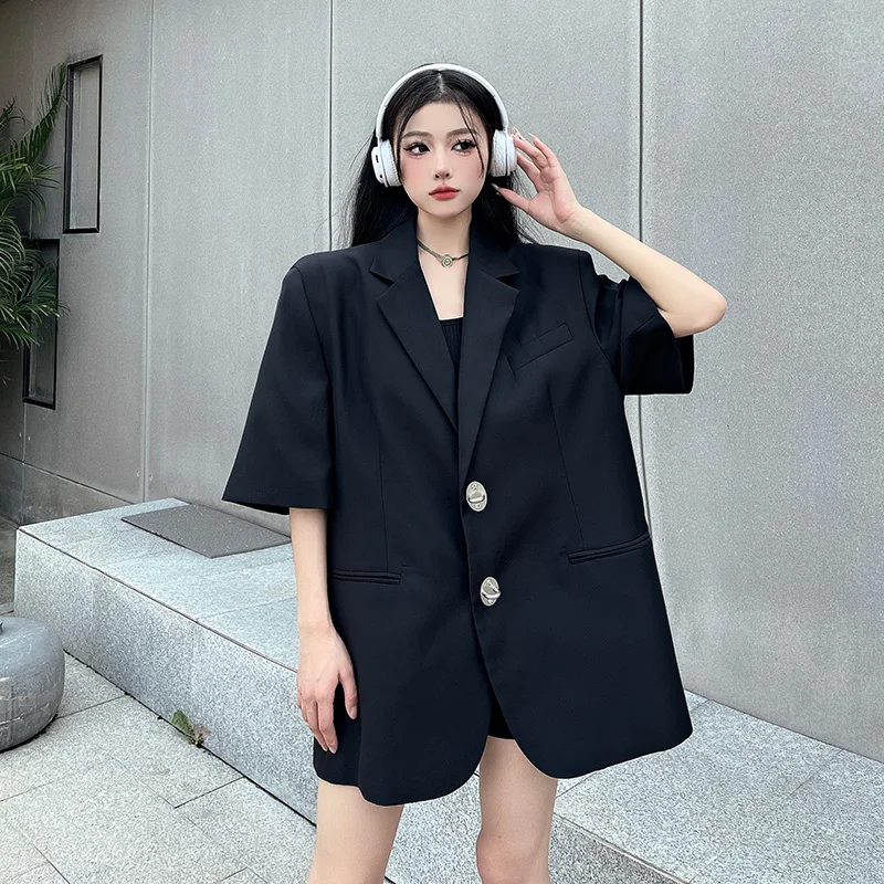 Summer Black Blazers Women Fashion New Streetwear Loose Button Down Short Sleeve Jackets Femme