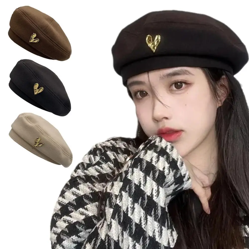 

Autumn Winter Women's Korean Style Woolen Beret Retro Wild Fashion Love Metal Painter Hat, Elegant Solid Beanie, Newsboy Cap