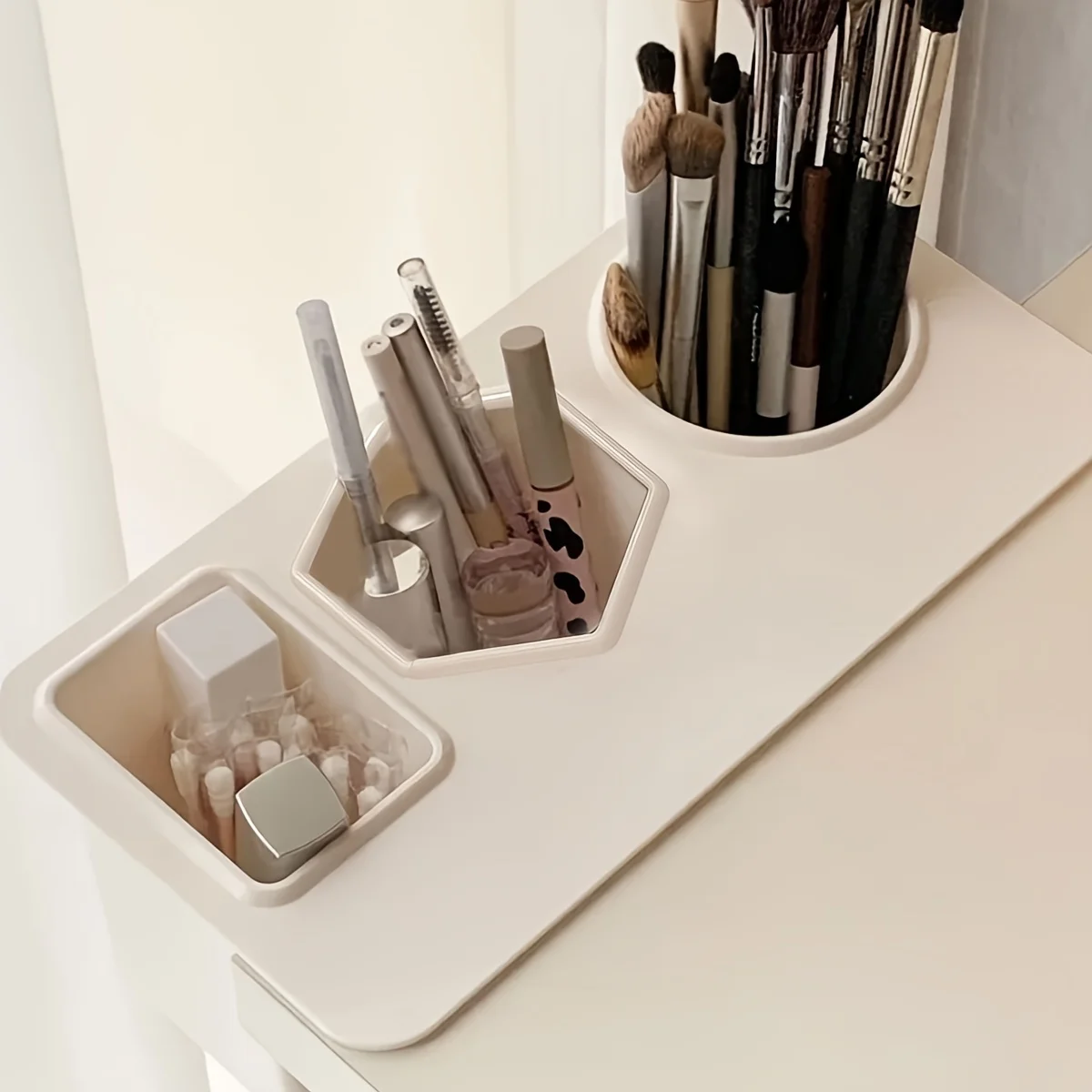 Plastic Desk Organizer 3-Compartment Stick-On Storage Box Large Capacity for Makeup Brushes Lipsticks Pens Office School Use