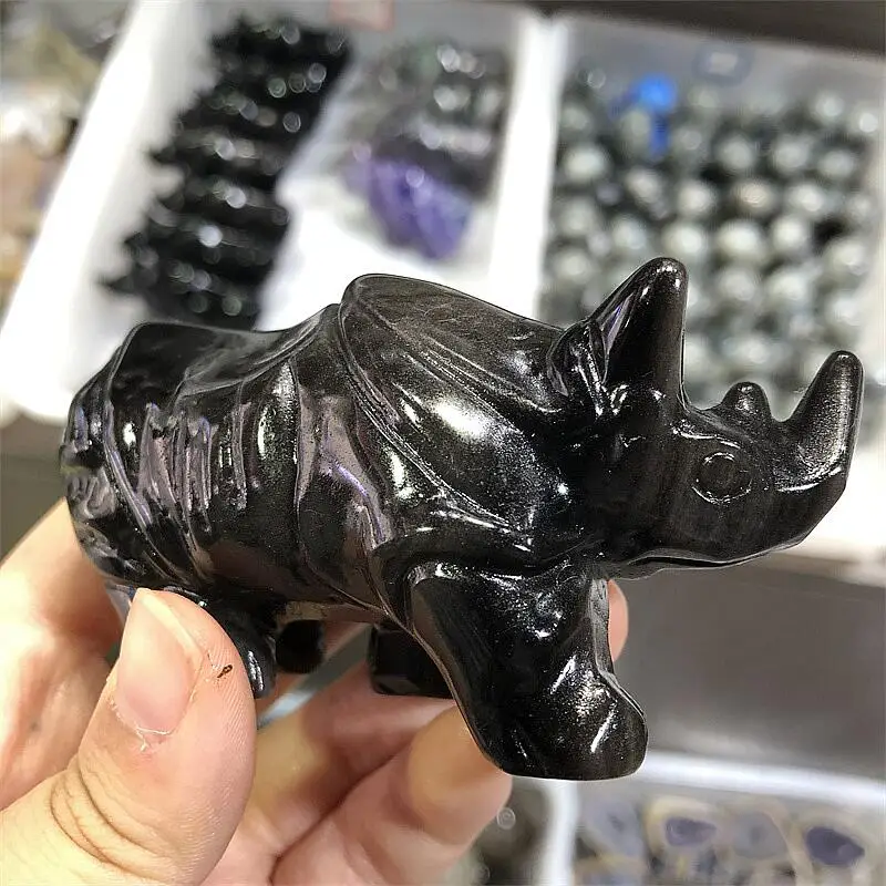 

Natural Stone Carving Silver Obsidian Rhinoceros Figurine Healing Crystal Sculpture Fengshui Reiki Home Decoration Accessories