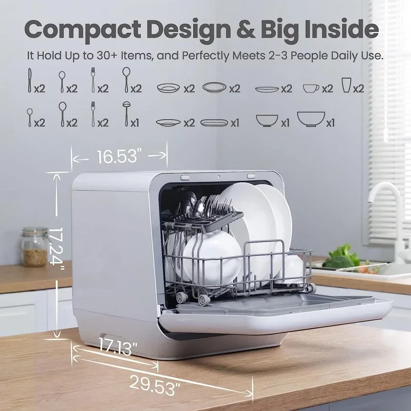 QWCOMFEE'Portable Mini Dishwasher with 5L Built-in Water Tank 6 Programs,360° Dual Spray,192℉ High-Temp& Air-Dry Function 3
