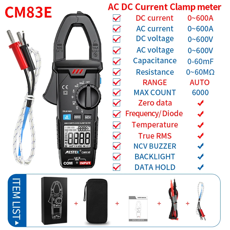 Pince ampèremétrique numérique U6 Fourche 9999 points 600A Pince  ampèremétrique T-RMS courant continu AC mâchoire