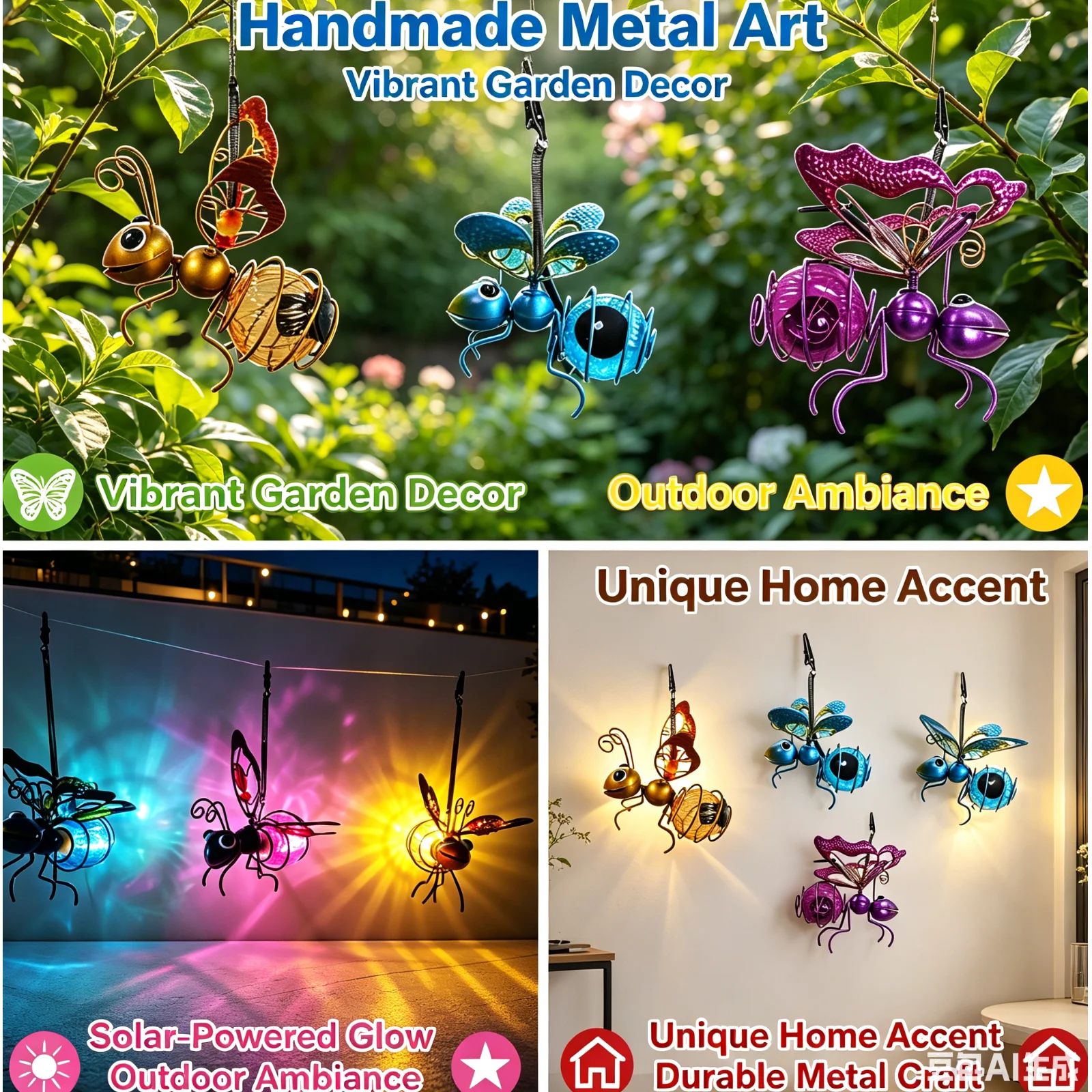 Metal Solar Bees Lantern Garden Decor LED Hanging Dragonfly Bees Solar Light Garden Sculptures For Patio Yard Outdoor Decoration 1