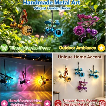 Metal Solar Bees Lantern Garden Decor LED Hanging Dragonfly Bees Solar Light Garden Sculptures For Patio Yard Outdoor Decoration 1