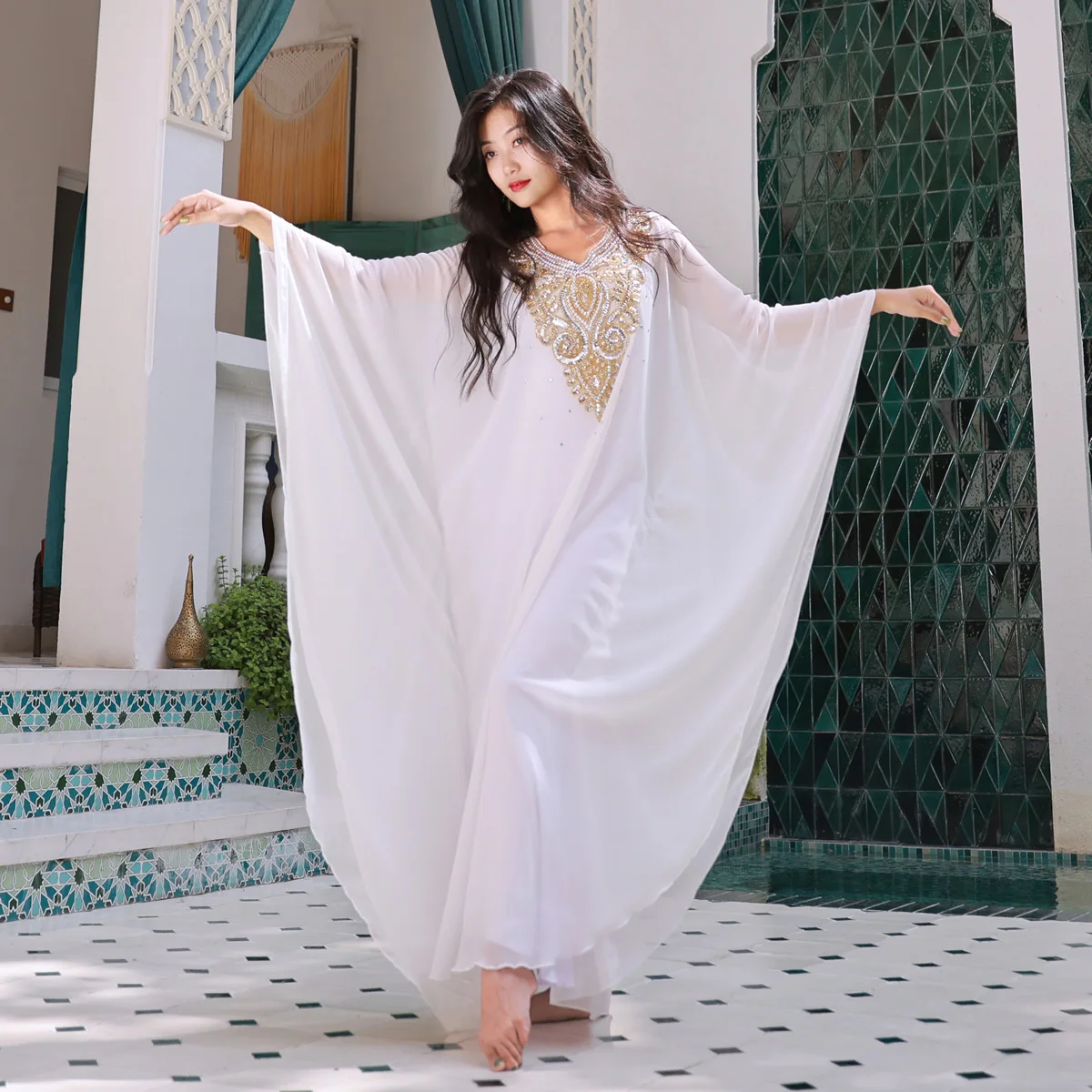 2-piece Set Chiffon White V-neck Dubai KaftanEmbroidered Sequins Decorated Arab Robes Elegant and Fashionable arab keffiyeh shemagh scarf breathable winter shawl neck warmer cover head wrap 449b