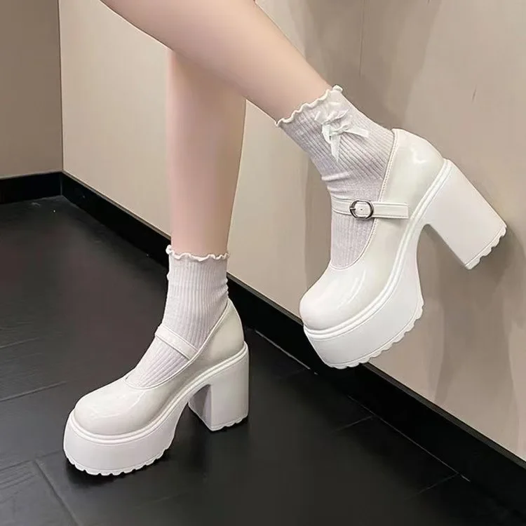 Chunky Platform High Heels Pumps Women  Autumn Pu Leather Ankle Buckle Mary Jane Shoes Woman Thick Heeled White Lolita Shoes