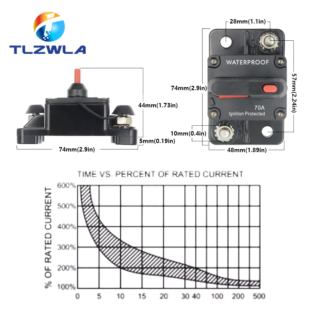 Waterproof Automotive and Marine DC Circuit Breaker Fuse Reset, 12-48V, 30A-300A Capacity