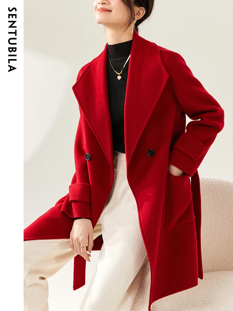 SENTUBILA 100% Wool Double Sided Woolen Coat Women Autumn Winter 2023 Lapel Warm Woolen Jacket Single Button Overcoats W24O42049