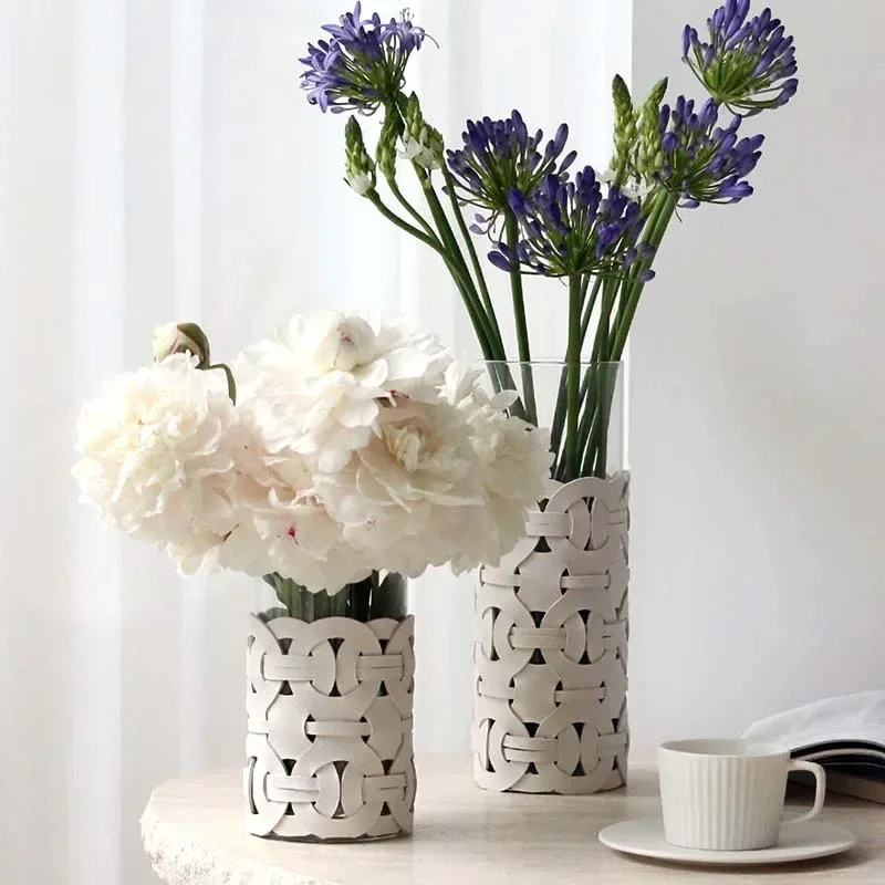Woven Leather Glass Vase Home Decor Tabletop Vase Ornament Modern Transparent Straight Glass Flower Arrangement Home Accessories 5