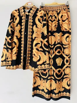 Retro spring new casual printed women's suit lapel long-sleeved shirt+elastic waist wide-leg trousers fashion two-piece suit 1