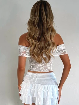 Women’s Summer Outfits Floral Embroidery Off Shoulder Tops High Waist Layered Pleated Short Skirts 2 Piece Set 2