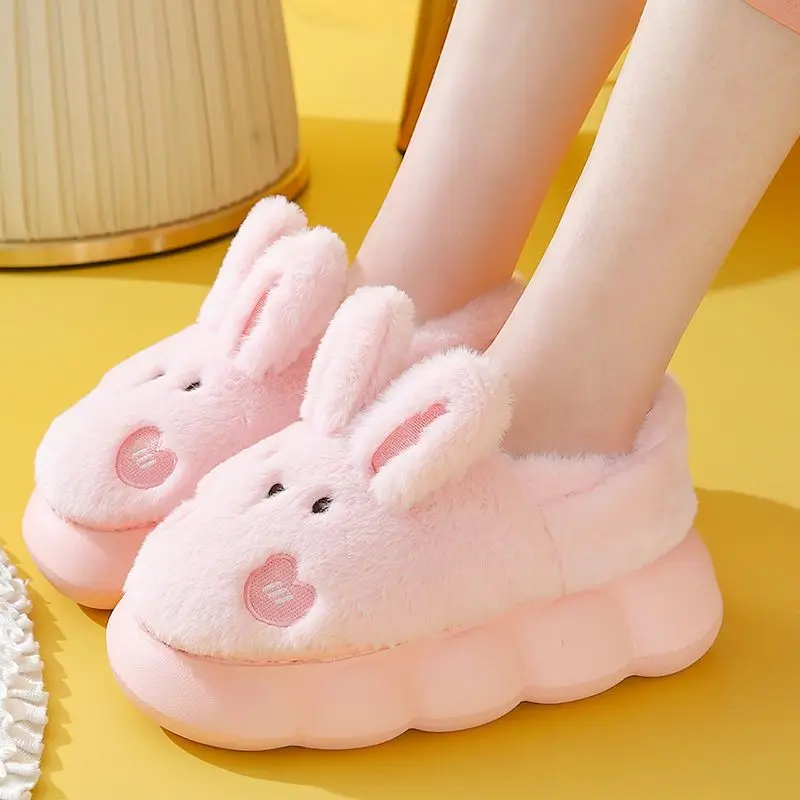 8 cm High Platform Furry Slippers Women's Winter Fluffy Ear Home Shoes Woman White Bunny Rabbit Slippers Woman House Clog Shoes