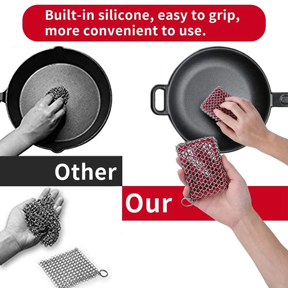 Cast Iron Skillet Cleaner,316 Stainless Steel Chainmail Cleaning Scrubber  Silicone Scrubber,for Kitchen Cookware (Red) - AliExpress