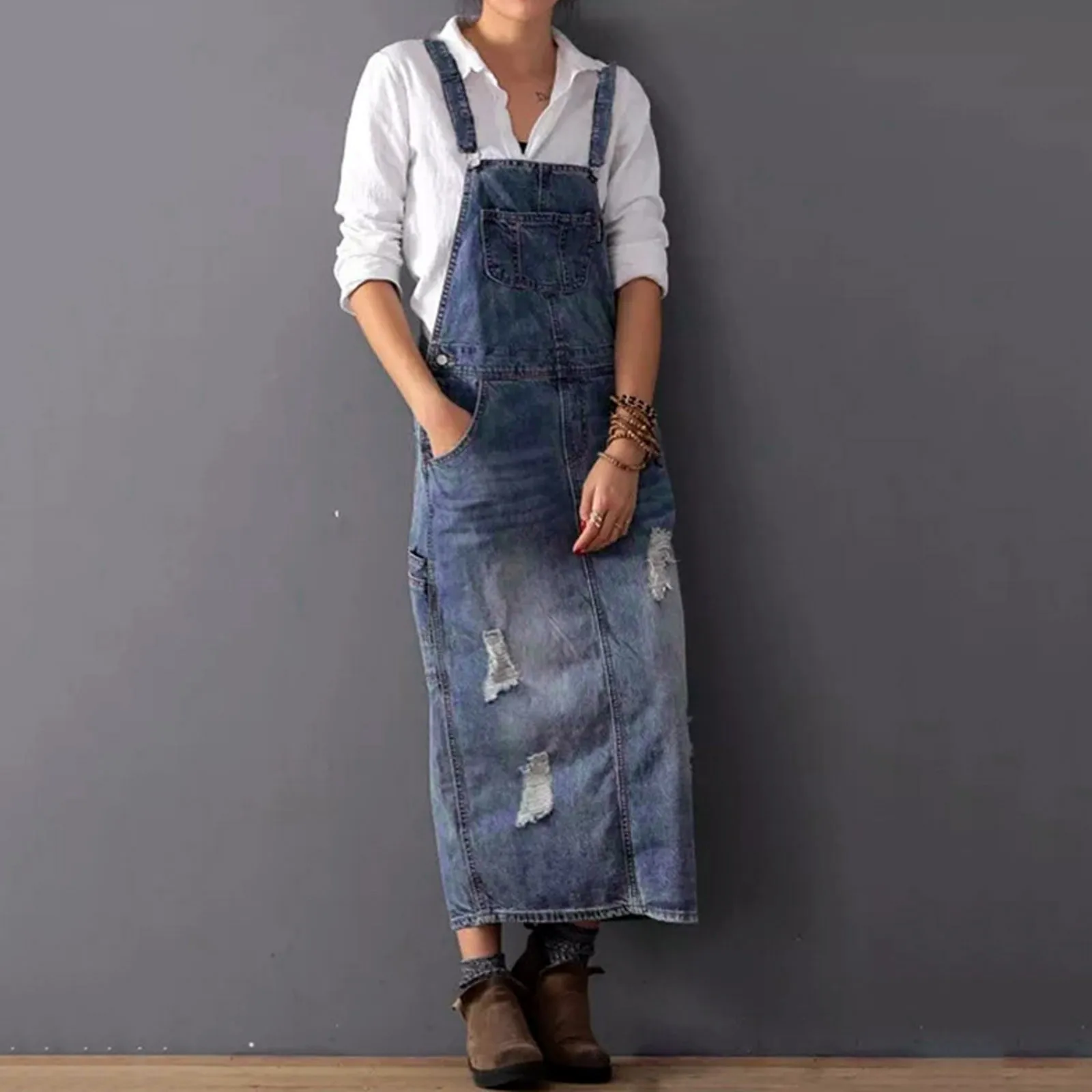 

Women Loose Denim Dress Ladies Suspenders Holes Jean Dress Female Spaghetti Strap Loose Bib Blue Ripped Vintage Denim Dresses