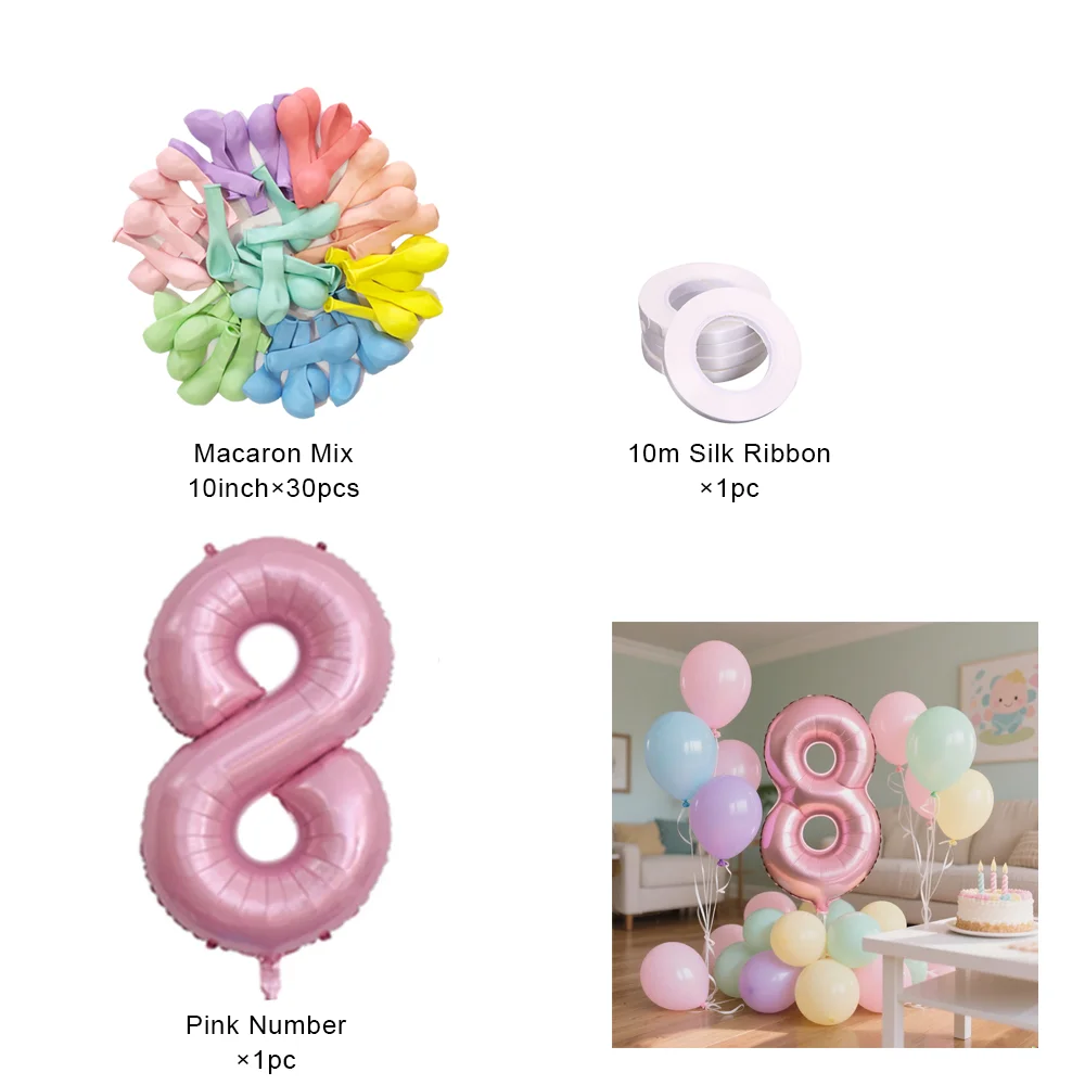 40-Zoll-Set mit rosa Zahlenfolienballons, alles Gute zum Geburtstag, Partydekoration, Kinder, Mädchen, 1–9 Jahre alt, farbiger Macaron-Ballon – Detail 8