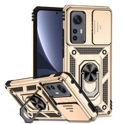 Armor Phone Case with Slide Camera Protector and Magnetic Ring Holder - Durable Cover for Xiaomi 12 (Gold)