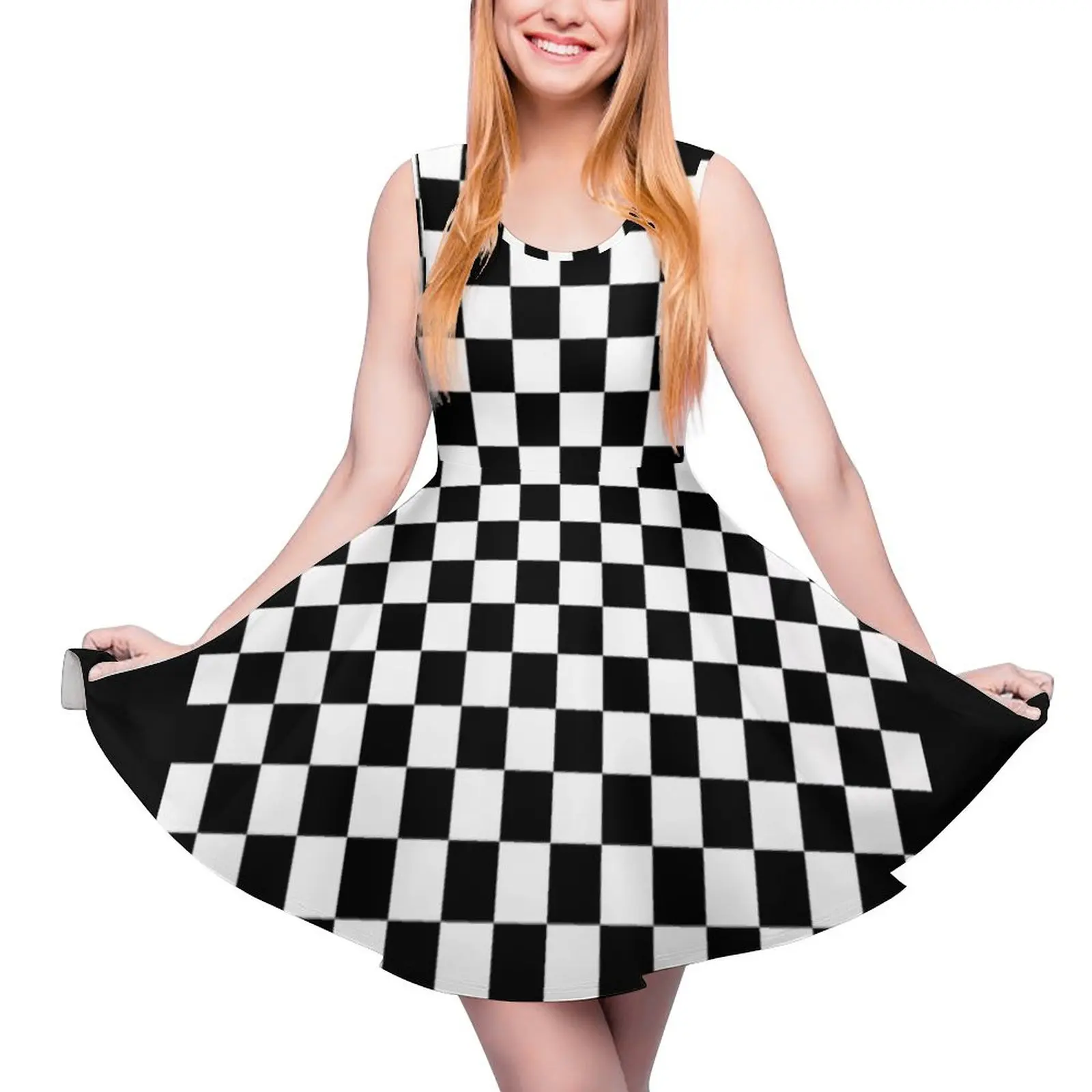 Black and White Checkerboard Sleeveless Dress women formal occasion dresses womens clothing