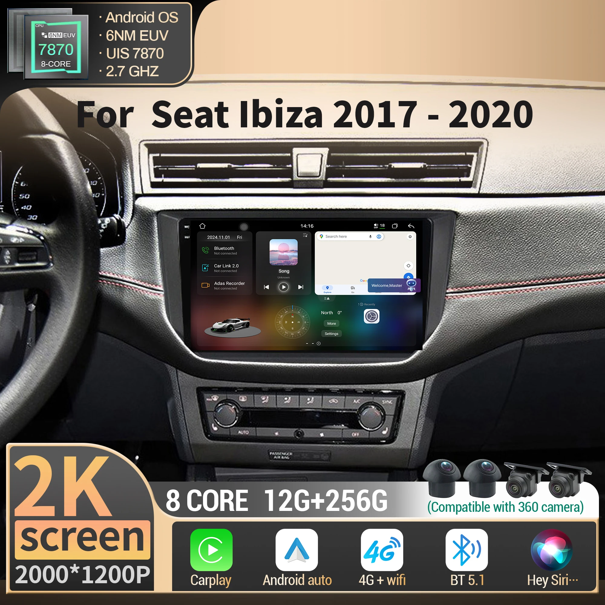 Navegación para Seat Ibiza 2017 2018 2019 2020 Radio de coche Multimedia inalámbrico BT Carplay 4G GPS CPU 7870 2K QLED pantalla estéreo 1