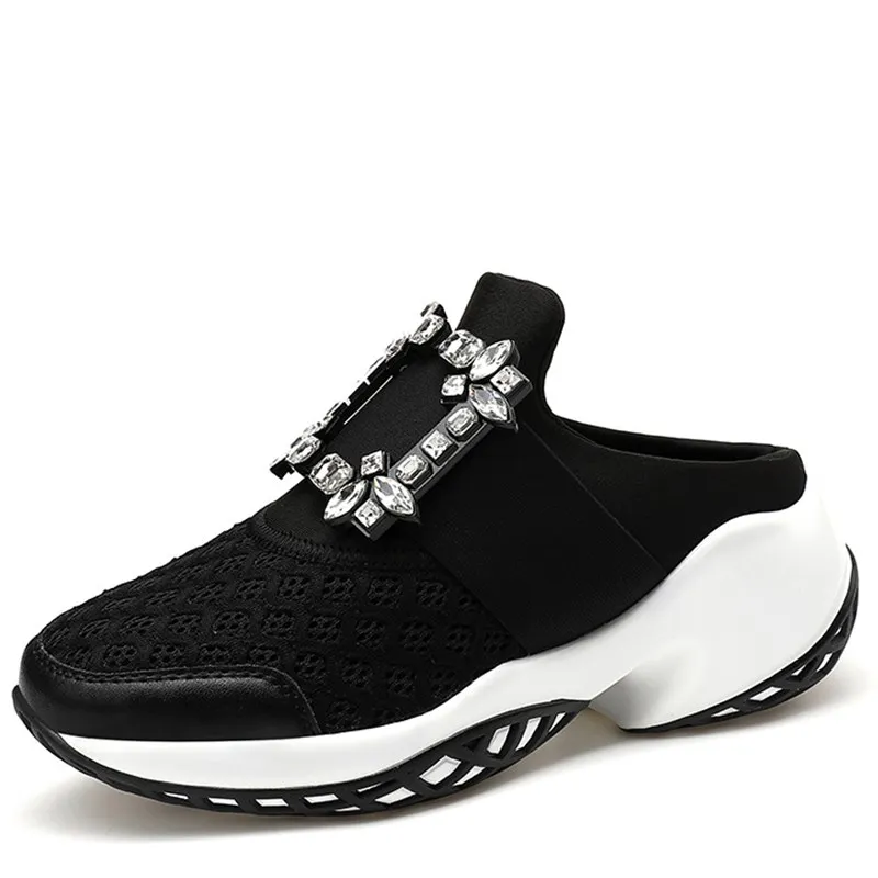 

Genuine Mesh Breathable Half Slippers Crystal Square Buckle Slip On Mules Ladies Shoes Round Toe Thick Sole Designer Shoes Women