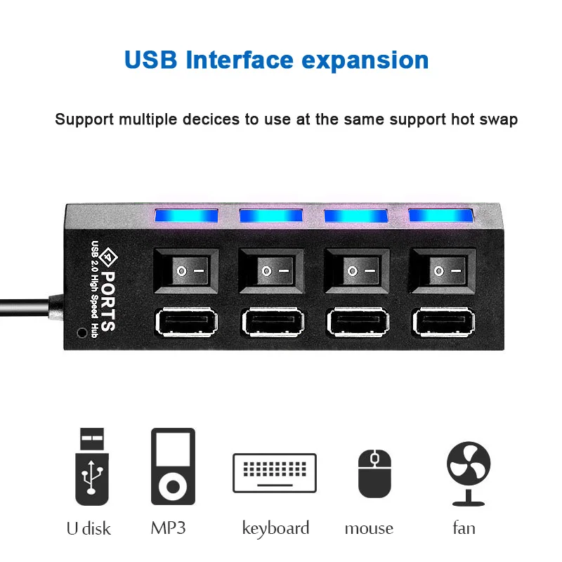 USB 2.0 Hub Multi USB Splitter Ports Hub Use Power Adapter 4/ 7 Port Multiple Expander Hub with Switch 45CM Cable For Home 2