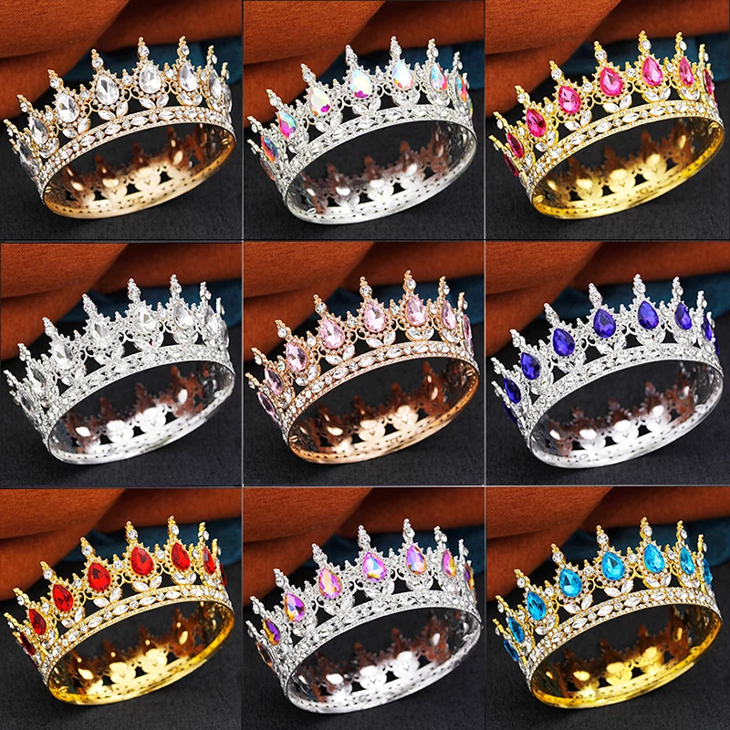 Baroque Round Diadem Royal Queen King Tiaras and Crowns Party Birthday Bridal Wedding Dress Jewelry Accessories