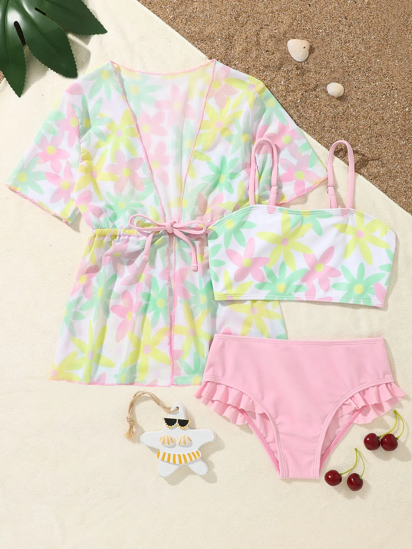 Girls Swimwear Flower Print 3 Pieces Bikinis Swimsuit