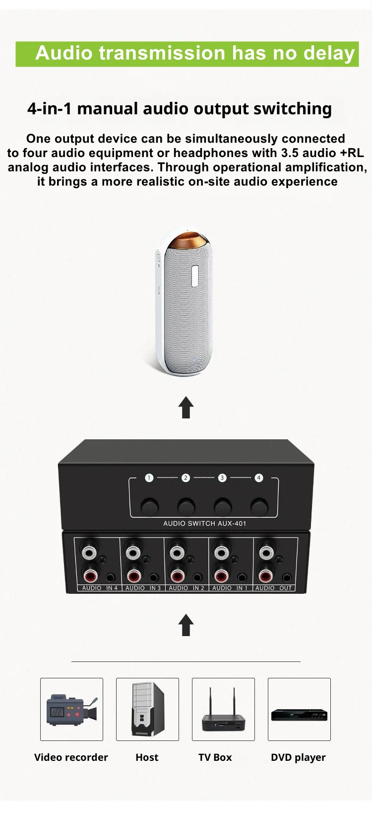 4 in 1 Stereo Audio Selector 4 Inputs 1 Output RCA AUX 3.5mm Passive Audio Switc