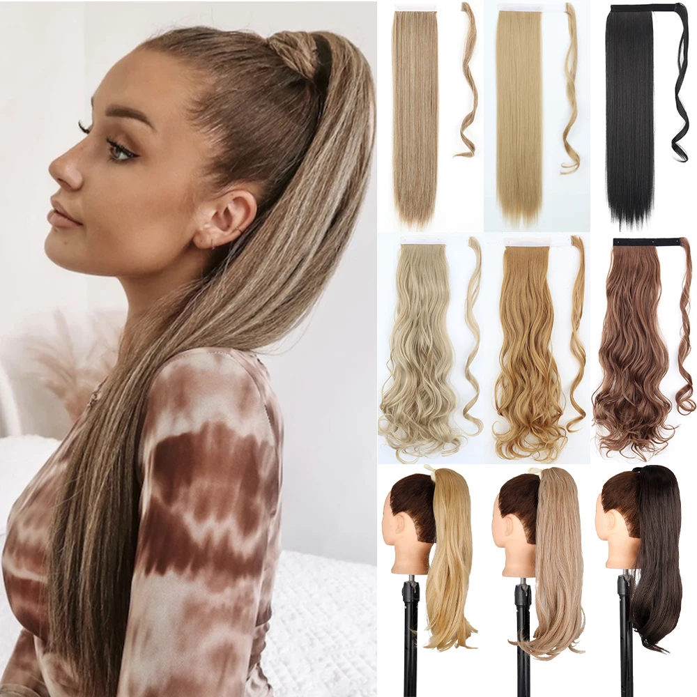 Inches long straight ponytail synthetic extensions heat resistant hair wrap around pony hairpiece for women