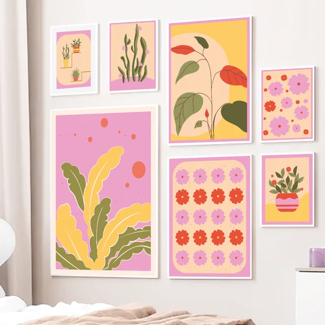 Colorful Boho Vibrant Throwback Art Canvas Painting Abstract Flowers Vase Leaves Posters Prints Wall Pictures Living Room Decor