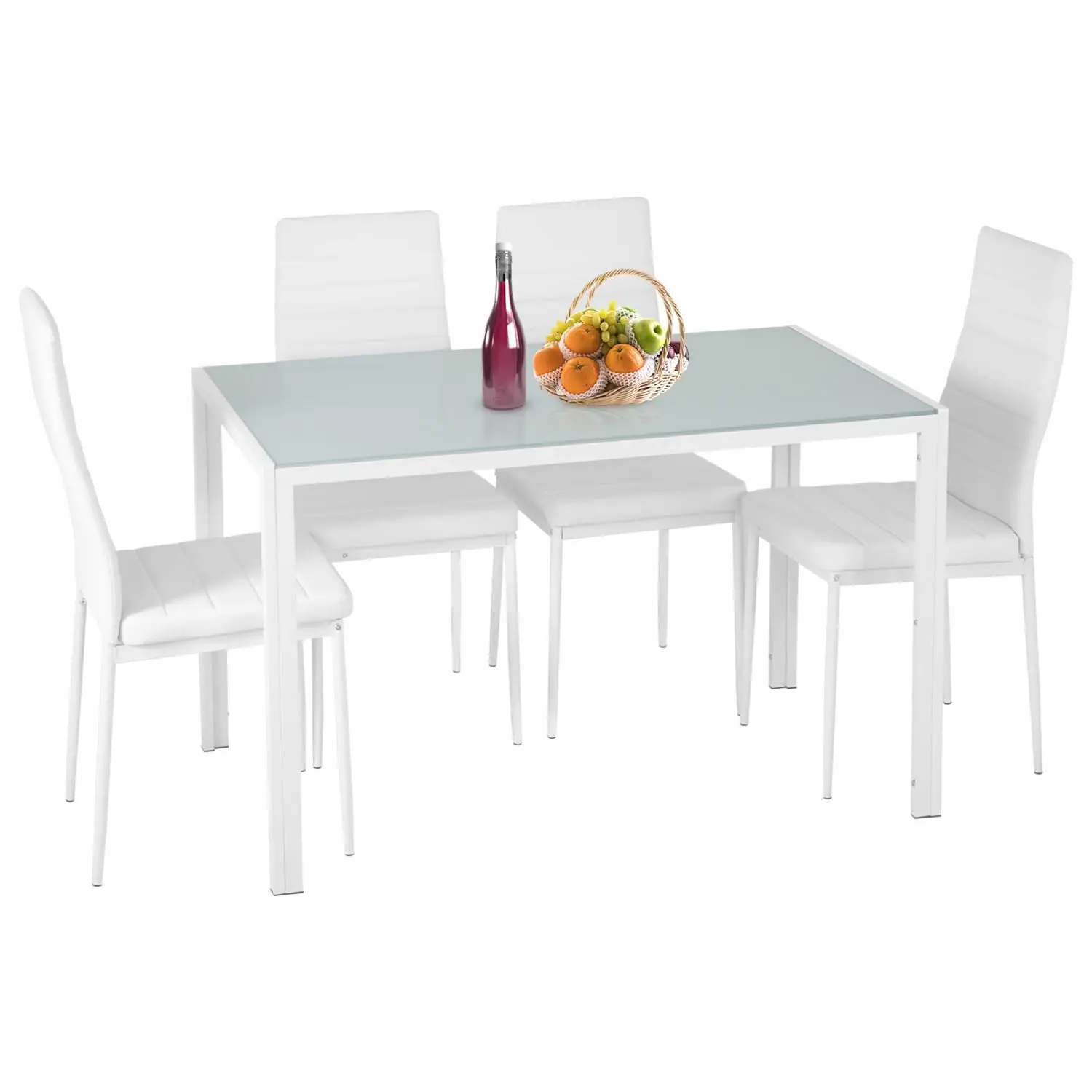 FDW | 5-Piece Dining Table Set Black Glass Kitchen Table with 4 Upholstered Chairs and Faux Leather Cushions Space-Saving — Color