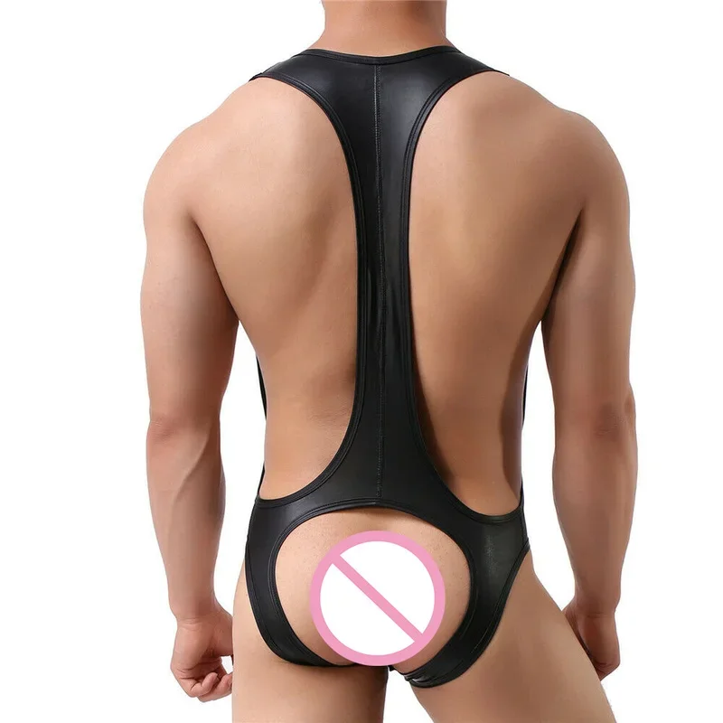 Sexy Mens Undershirts PU Leather Bodysuit One-Piece Leotard Clubwear Wrestling Singlet Gay Backless Briefs Penis Pouch Jumpsuits men underwear