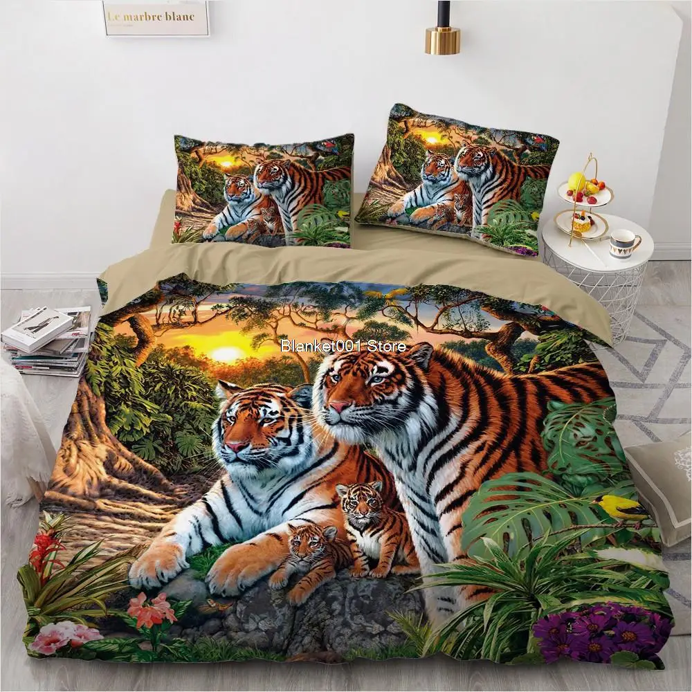 

3D Bedding Sets Black Duvet Quilt Cover Set Comforter Bed Linen Pillowcase King Queen 180x210cm Size Animal Tiger Design Printed