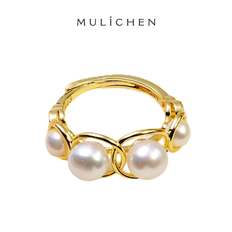 MULICHEN 4-6mm Multiple Freshwater Pearl Decoration Fashion Ring For Women 14K Gold Plated Open Ring Jewelry Wholesale