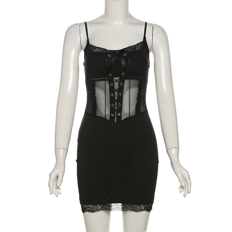y2k Dress Women Sexy Lace Patchwork Tie Front Spaghetti Strap Sleeveless Bodycon Dress Club Party Dresses Clubwear