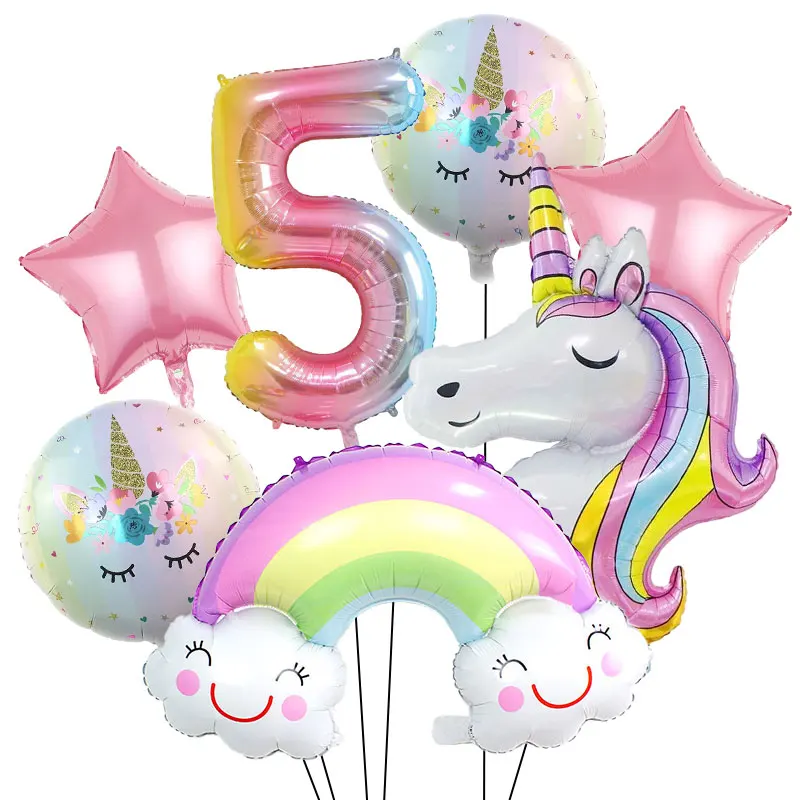 Regenbogen-Einhorn Geburtstagsparty Dekorations-Set Tischgeschirr Becher Teller Servietten Ballons Hintergrund-Banner Geschenktüten Mädchen-Partyzubehör – Detail 32