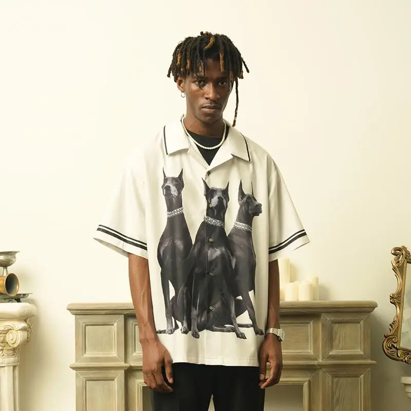 EMPTY REFERENCE 20SS Doberman Full Print Short Sleeve Shirt with Cuban Collar fashion streetwear loose 2