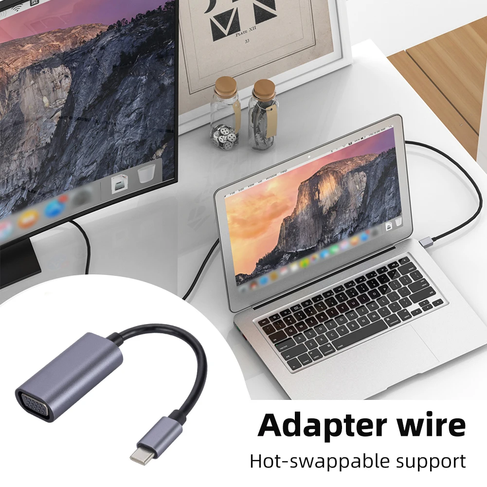 USB C에서 VGA 디스플레이 어댑터 케이블 지지대, 핫 스왑 비디오 케이블 변환기, 휴대폰 노트북, 맥북 에어 및 프로용, 1080P HD
