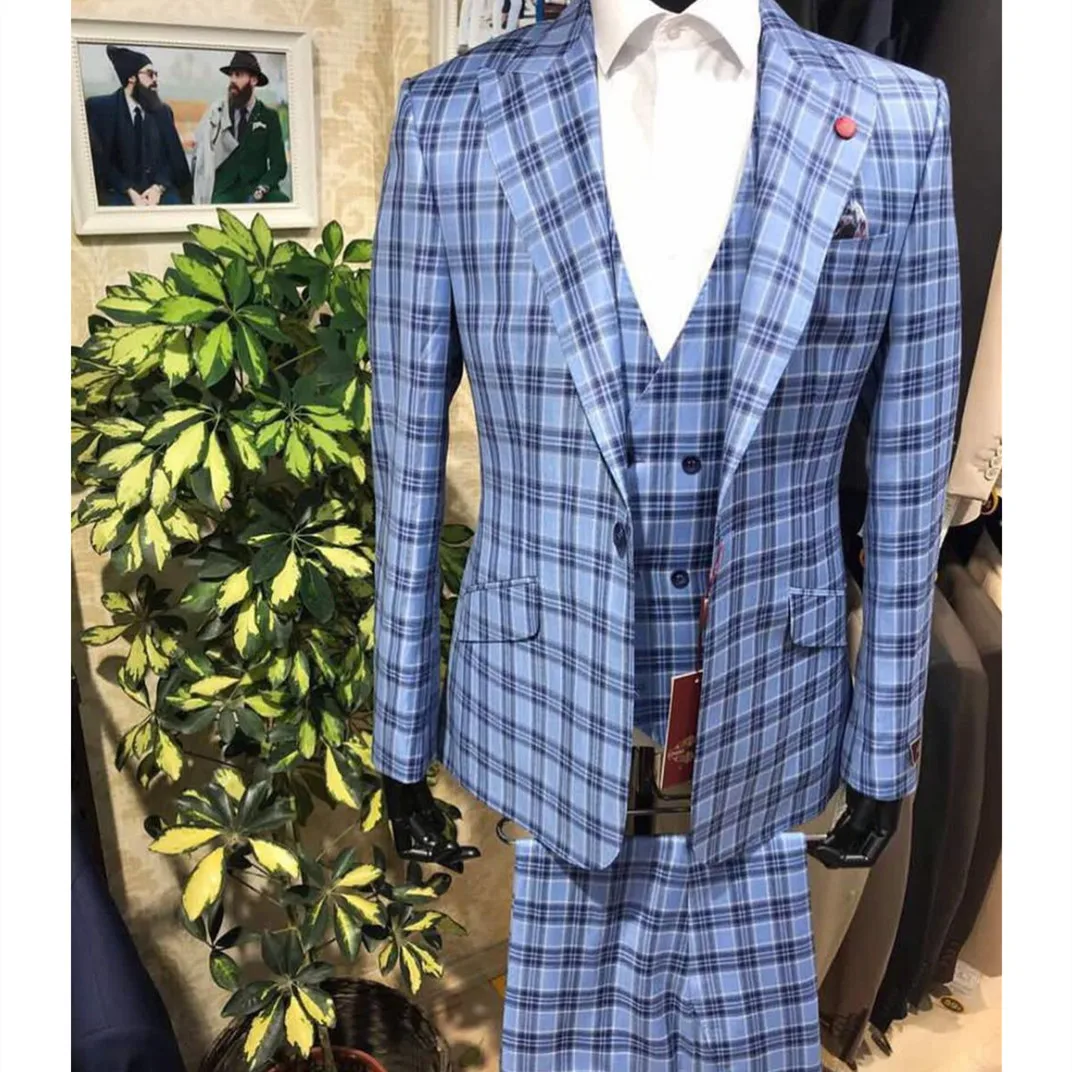 Blue Plaid Men Suit 3 Pieces Business Blazer Vest Pants One Button Fashion Wedding Groom Formal Work Wear Party Causal Tailored