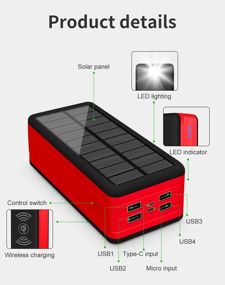 Solar Power Bank 99000mAh Portable Solar Charger Battery 4 USB Output Ports 2 Input Ports Flashlight, Fast Charging 2