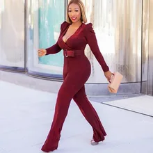 

No Belt Women's Straight Jumpsuit 2022 Spring Autumn Long Sleeve Low Cut Sexy Solid Slim Party Playsuit Fashion African Clothing